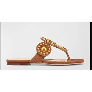 Womens Veronica Beard Circle Minari Beaded Brown Suede Thong Sandals-9M